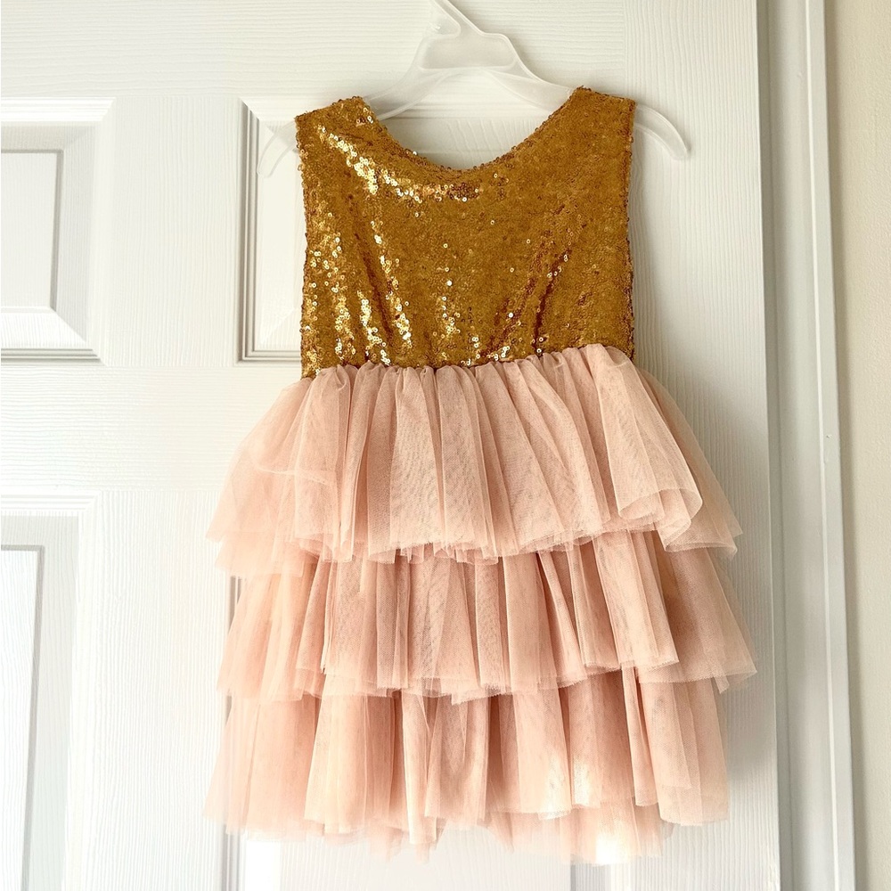 Gold Sequin & Blush Pink Tiered Tulle Formal Dress for Girls